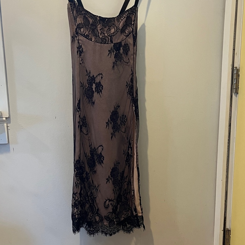 Anthropologie Taupe Satin Slip Dress with Black Lace Overlay - Picture 4 of 8